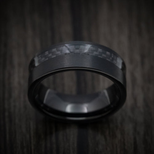 Captain XIV - Black Tungsten Men's Wedding Ring with Black Carbon Fiber Inlay Band - view 2 - Nura Lab