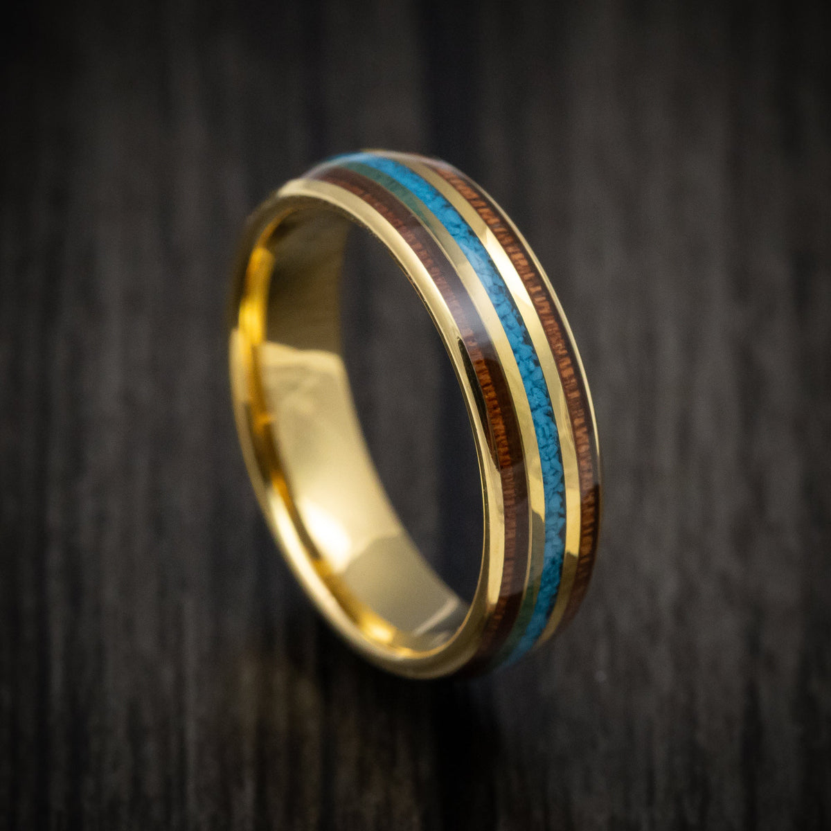 Rimu XII - Golden Tungsten Men's Wedding Ring with Turquoise and Rosewood Inlays Band - Nura Lab