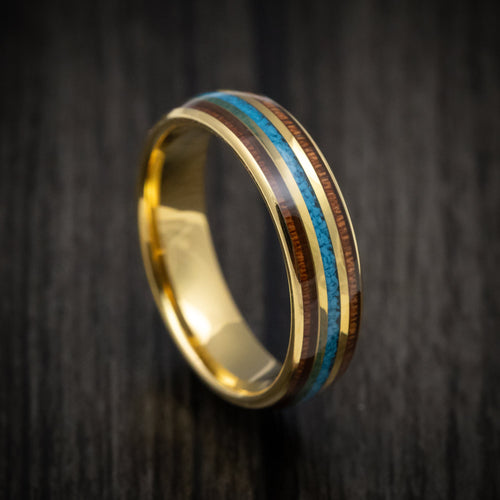Rimu XII - Golden Tungsten Men's Wedding Ring with Turquoise and Rosewood Inlays Band - Nura Lab