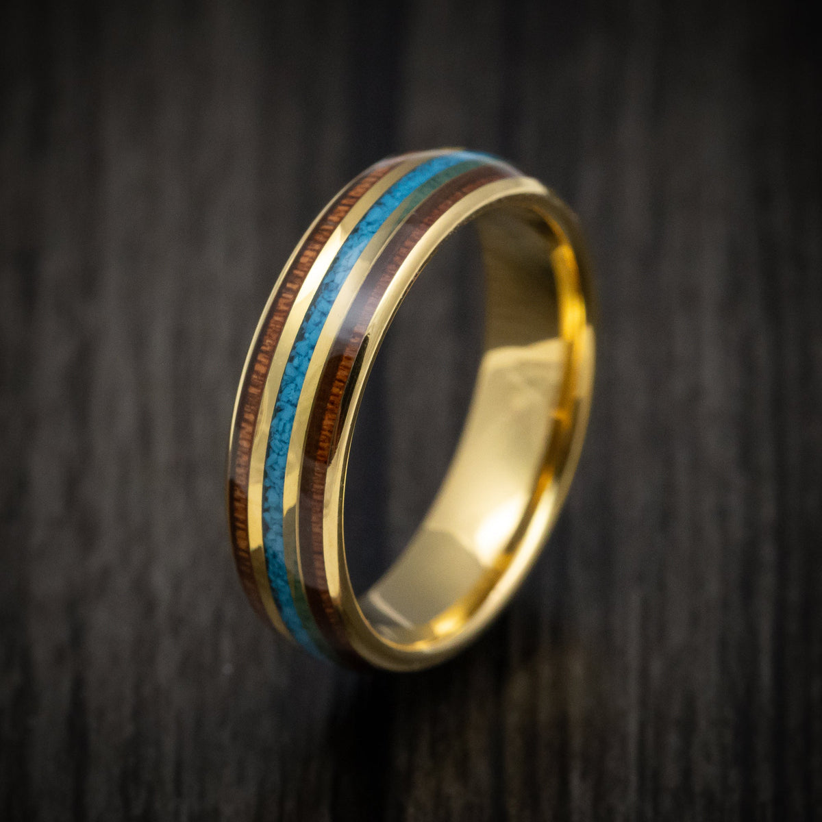 Rimu XII - Golden Tungsten Men's Wedding Ring with Turquoise and Rosewood Inlays Band - view 4 - Nura Lab