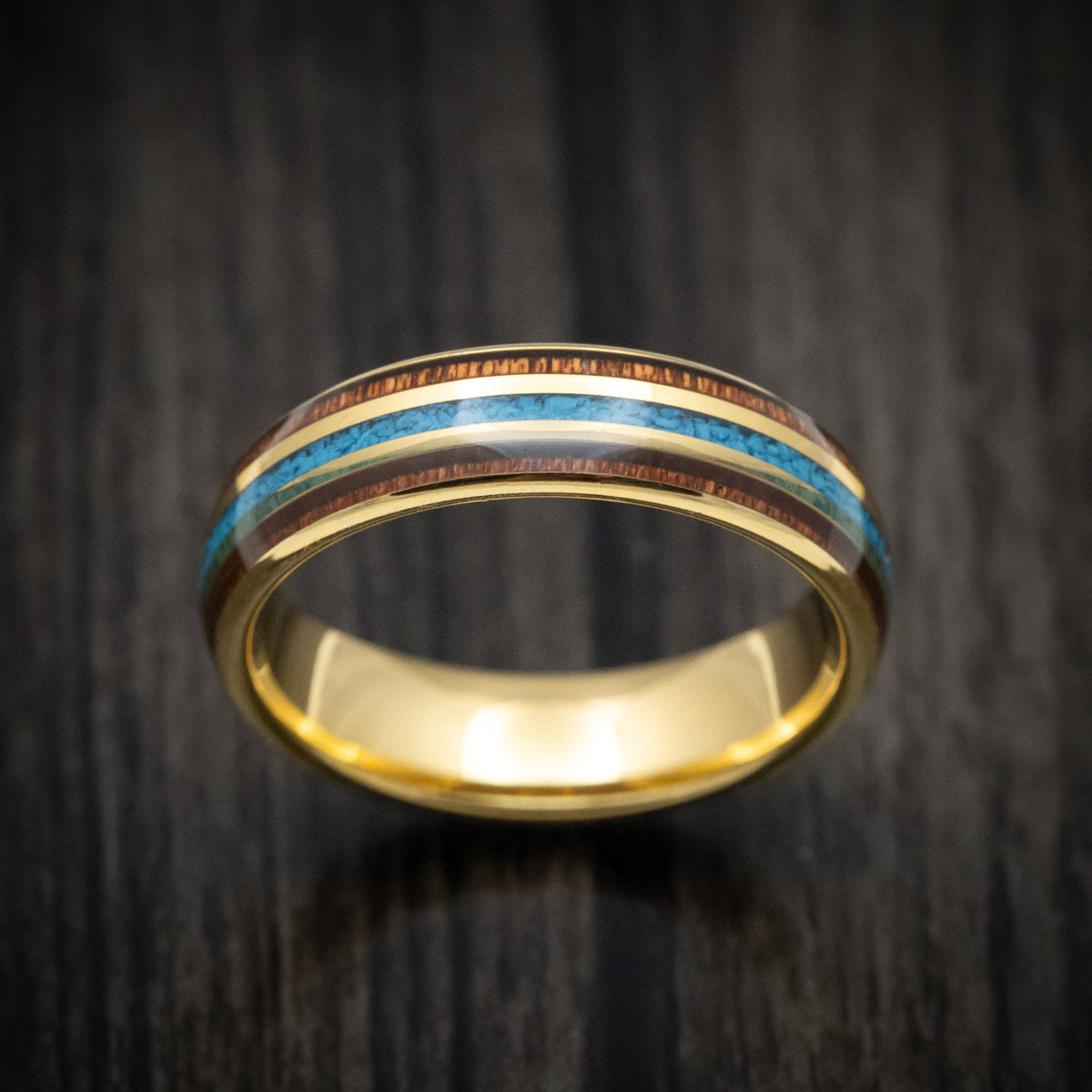 Rimu XII - Golden Tungsten Men's Wedding Ring with Turquoise and Rosewood Inlays Band - view 2 - Nura Lab