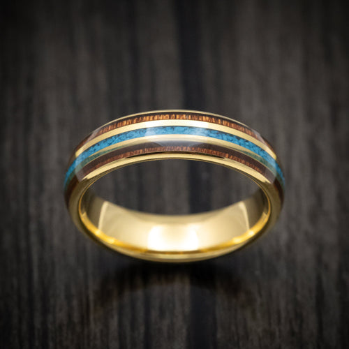 Rimu XII - Golden Tungsten Men's Wedding Ring with Turquoise and Rosewood Inlays Band - view 2 - Nura Lab