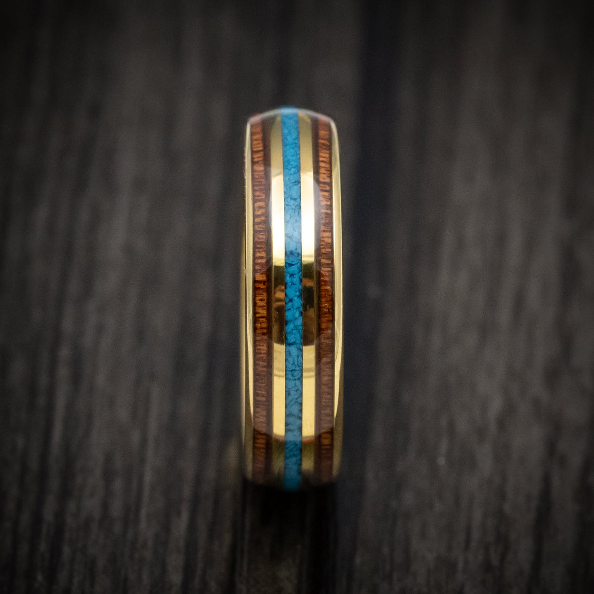 Rimu XII - Golden Tungsten Men's Wedding Ring with Turquoise and Rosewood Inlays Band - view 3 - Nura Lab