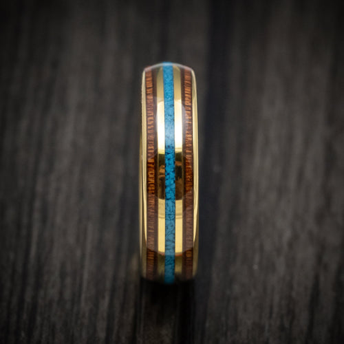 Rimu XII - Golden Tungsten Men's Wedding Ring with Turquoise and Rosewood Inlays Band - view 3 - Nura Lab