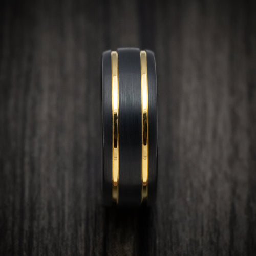 Echelon XV - Black Tungsten Men's Wedding Ring with Golden Inlays Band - view 3 - Nura Lab