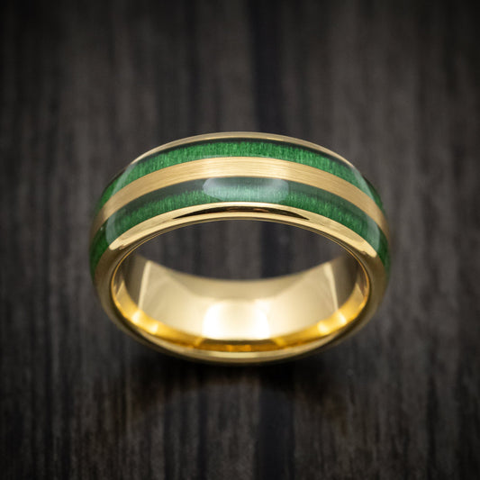 Resolute XII - Golden Tungsten Men's Wedding Ring with Jade Wood Inlays - view 2 - Nura Lab