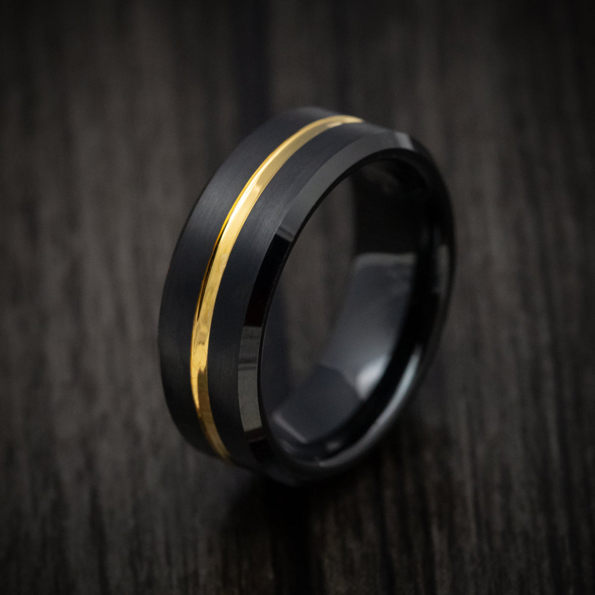 King Arthur XV - Black Tungsten Men's Wedding Ring with Golden Inlay Band - view 4 - Nura Lab