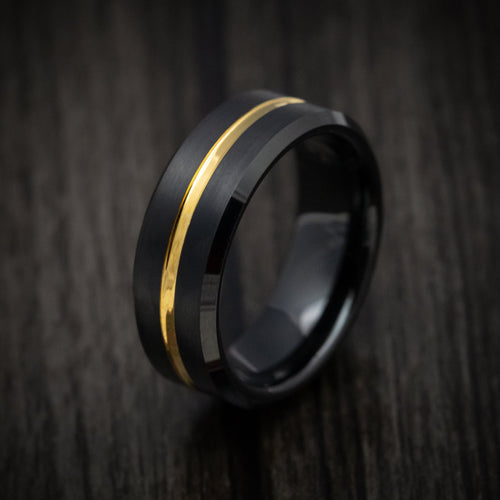 King Arthur XV - Black Tungsten Men's Wedding Ring with Golden Inlay Band - view 4 - Nura Lab