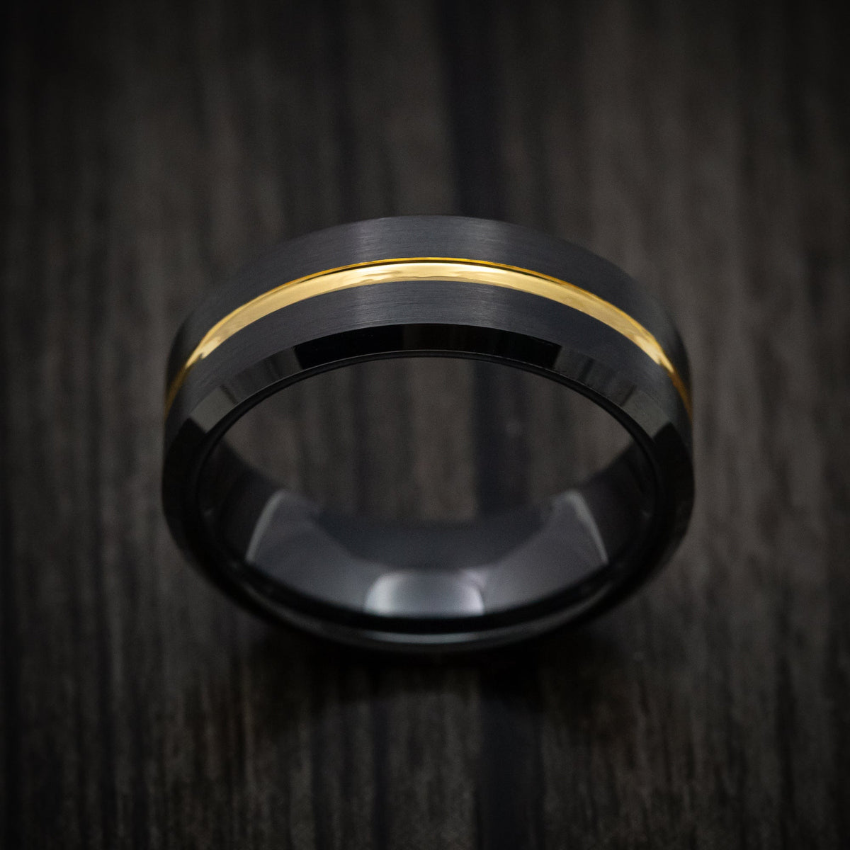 King Arthur XV - Black Tungsten Men's Wedding Ring with Golden Inlay Band - view 2 - Nura Lab
