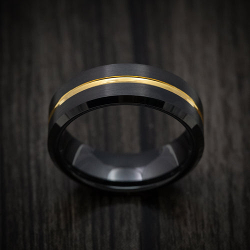King Arthur XV - Black Tungsten Men's Wedding Ring with Golden Inlay Band - view 2 - Nura Lab