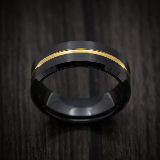 King Arthur XV - Black Tungsten Men's Wedding Ring with Golden Inlay Band - view 2 - Nura Lab