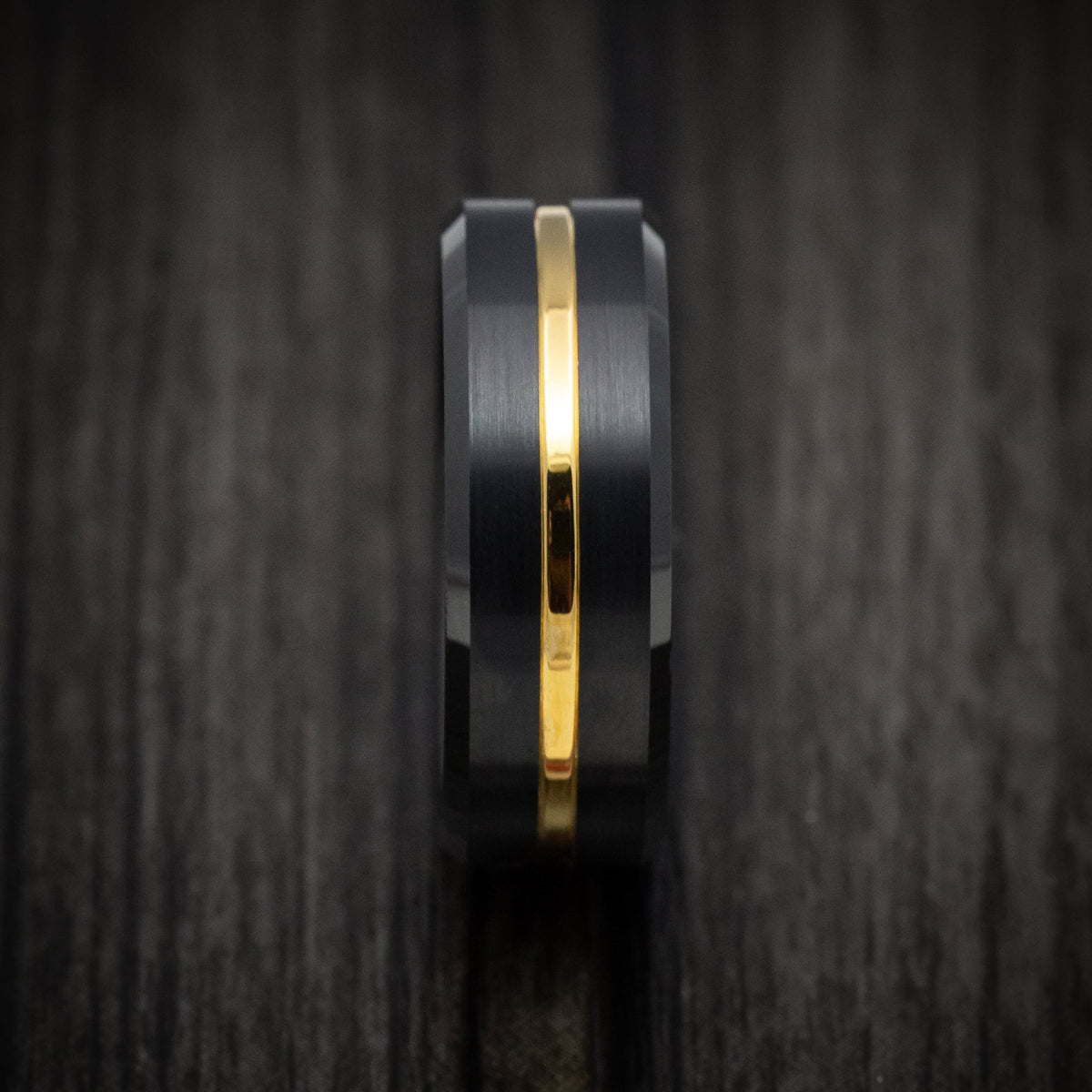 King Arthur XV - Black Tungsten Men's Wedding Ring with Golden Inlay Band - view 3 - Nura Lab