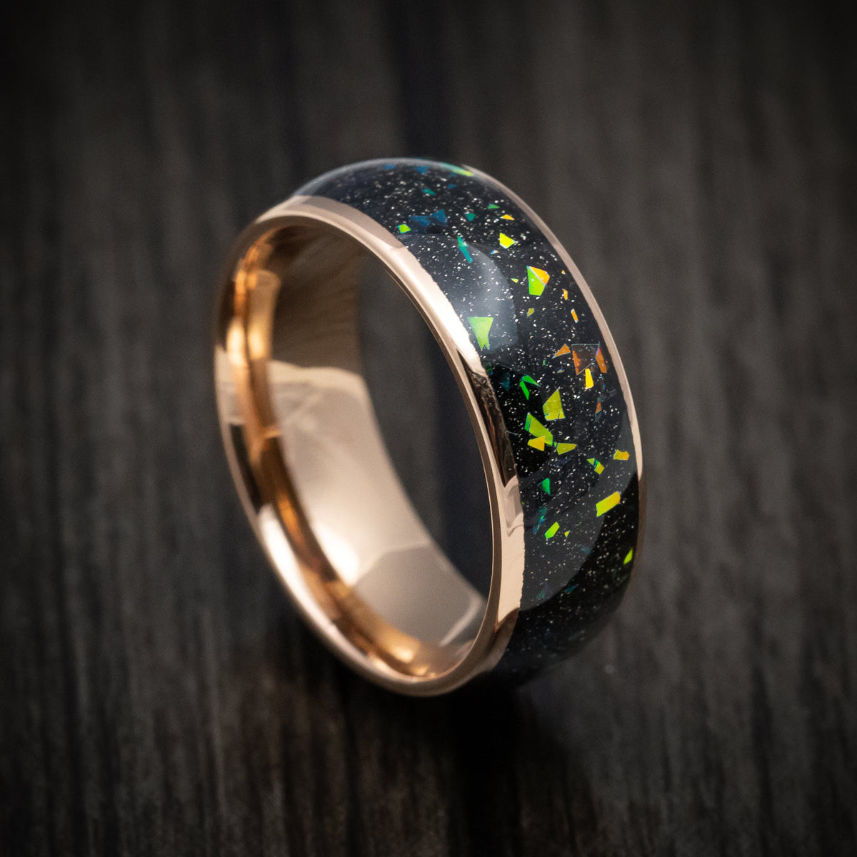 Granite XVI - Golden Tungsten Men's Wedding Ring with Opal and Abalone Inlay - Nura Lab