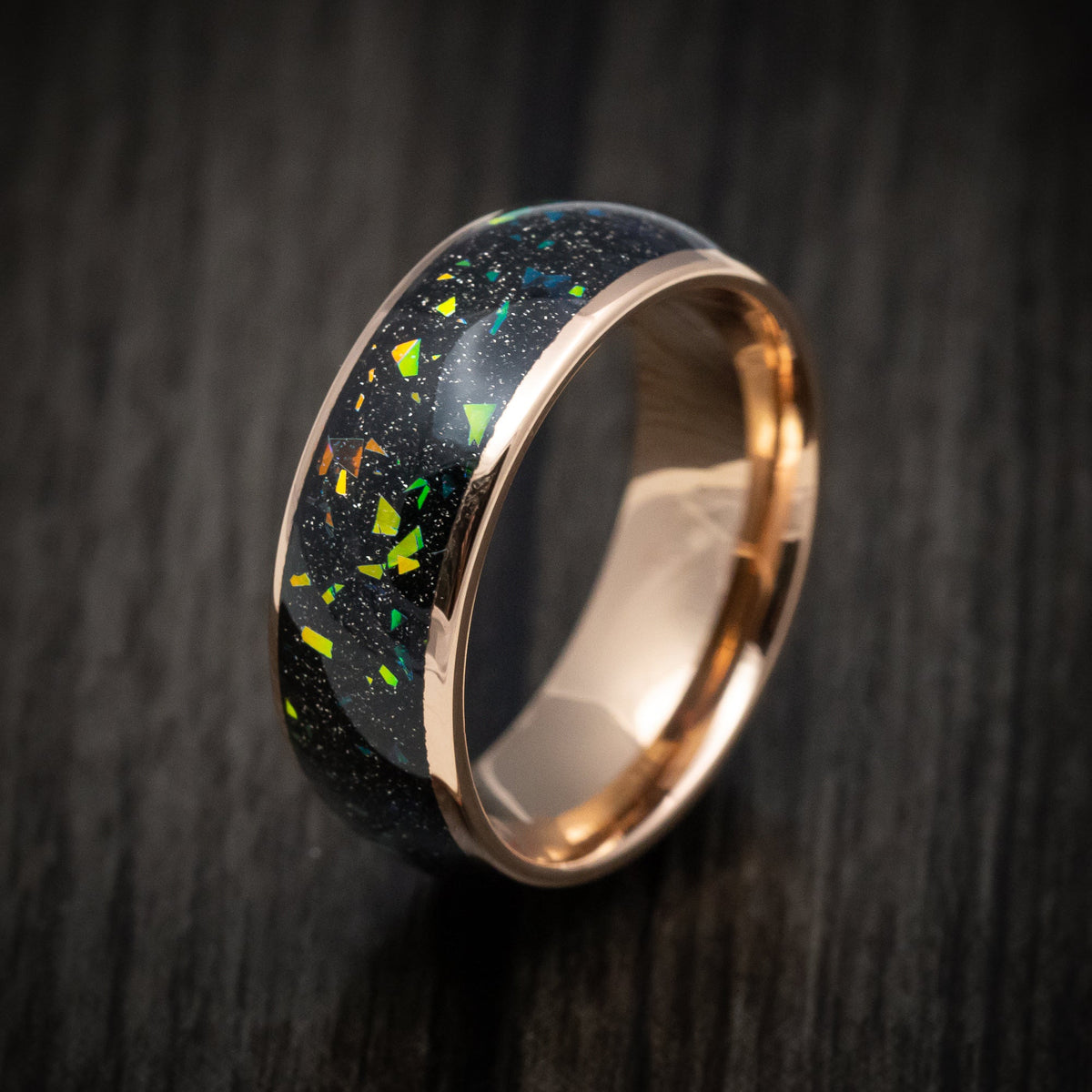Granite XVI - Golden Tungsten Men's Wedding Ring with Opal and Abalone Inlay - view 4 - Nura Lab