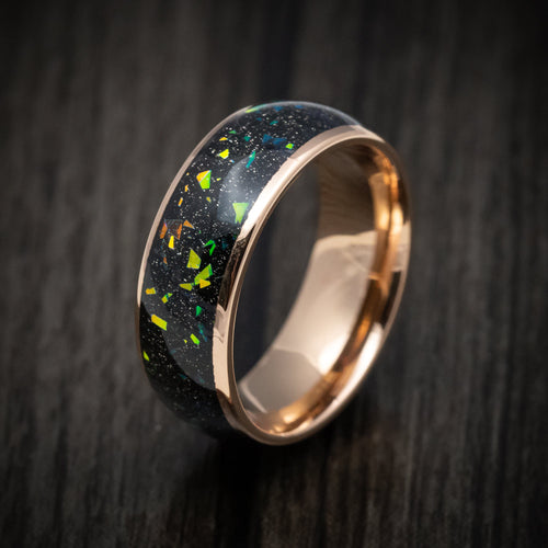 Granite XVI - Golden Tungsten Men's Wedding Ring with Opal and Abalone Inlay - view 4 - Nura Lab