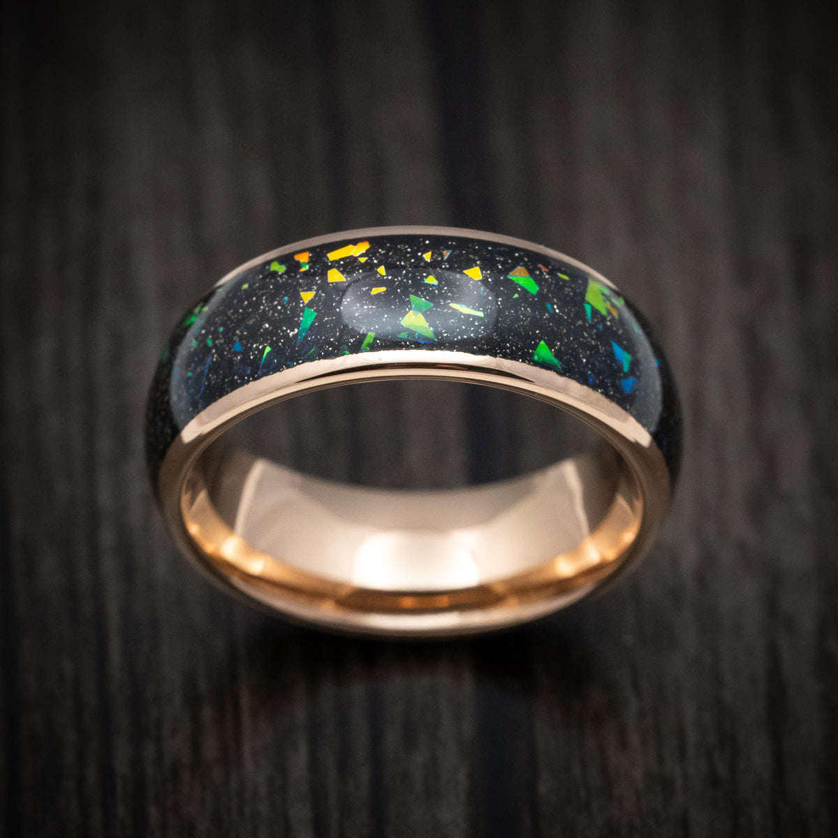 Granite XVI - Golden Tungsten Men's Wedding Ring with Opal and Abalone Inlay - view 2 - Nura Lab
