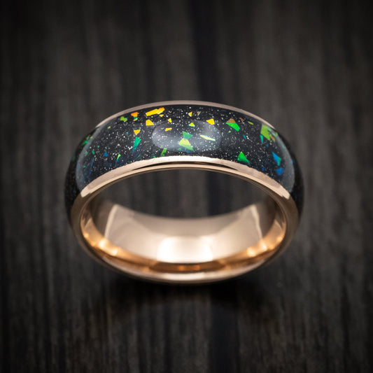 Granite XVI - Golden Tungsten Men's Wedding Ring with Opal and Abalone Inlay - view 2 - Nura Lab