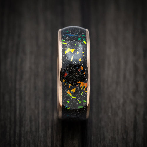 Granite XVI - Golden Tungsten Men's Wedding Ring with Opal and Abalone Inlay - view 3 - Nura Lab