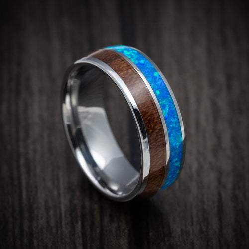 Flint XIII - Tungsten Men's Wedding Ring with Opal and Koa Wood Inlays Band - Nura Lab