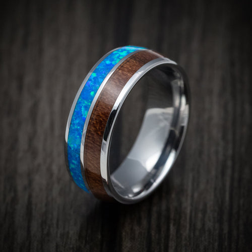 Flint XIII - Tungsten Men's Wedding Ring with Opal and Koa Wood Inlays Band - view 4 - Nura Lab