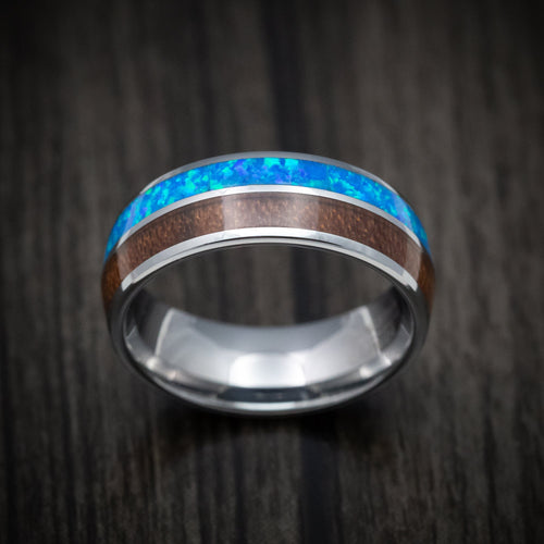 Flint XIII - Tungsten Men's Wedding Ring with Opal and Koa Wood Inlays Band - view 2 - Nura Lab