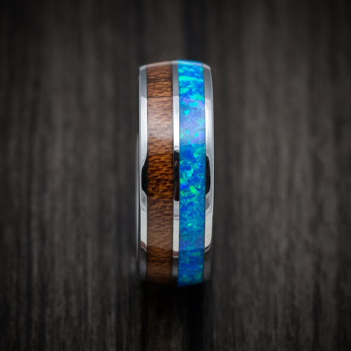 Flint XIII - Tungsten Men's Wedding Ring with Opal and Koa Wood Inlays Band - view 3 - Nura Lab