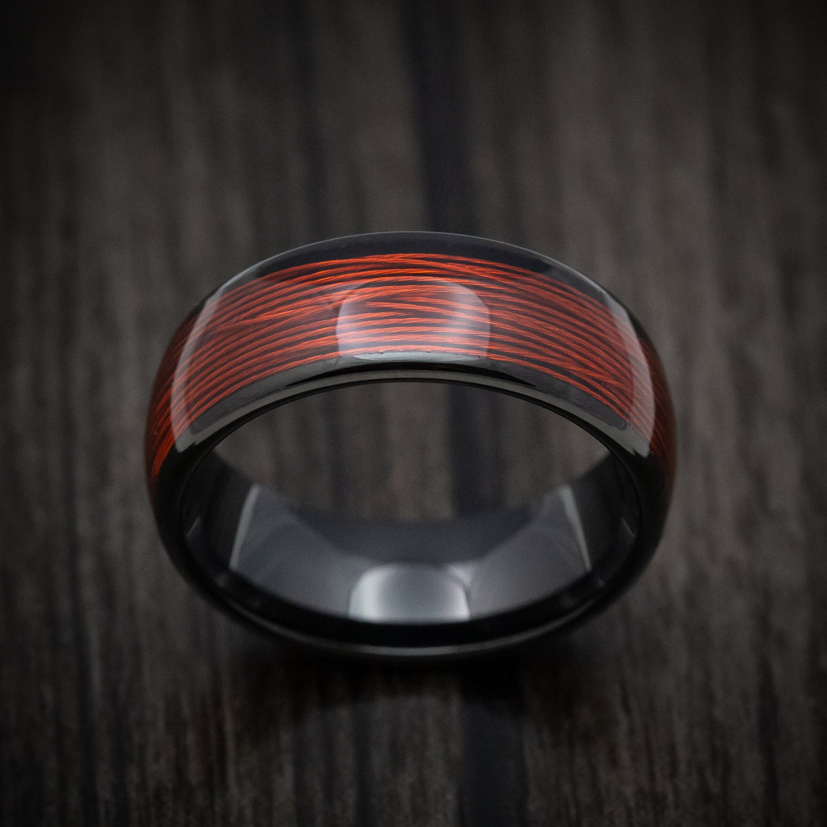 King Arthur XVI - Black Tungsten Men's Wedding Ring with Red Wire Inlay Band - view 2 - Nura Lab