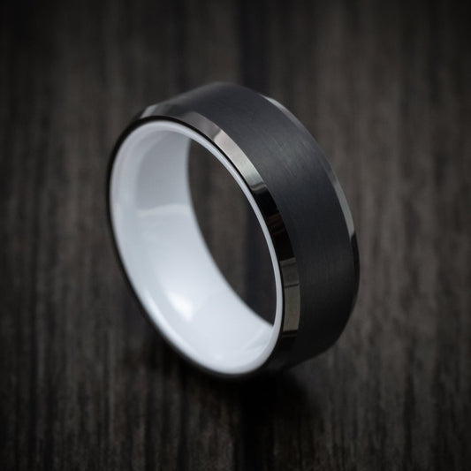 Stronghold XVI - Black Tungsten Men's Wedding Ring with White Ceramic Sleeve Band - Nura Lab