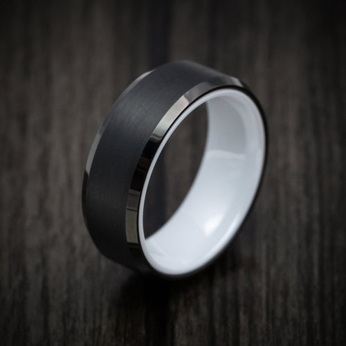 Stronghold XVI - Black Tungsten Men's Wedding Ring with White Ceramic Sleeve Band - view 4 - Nura Lab