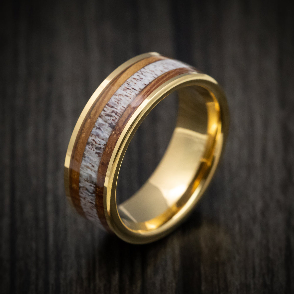 Stronghold XII - Golden Tungsten Men's Wedding Ring with Whiskey Barrel Wood and Antler Inlays - view 4 - Nura Lab