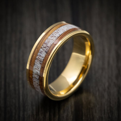 Stronghold XII - Golden Tungsten Men's Wedding Ring with Whiskey Barrel Wood and Antler Inlays - view 4 - Nura Lab