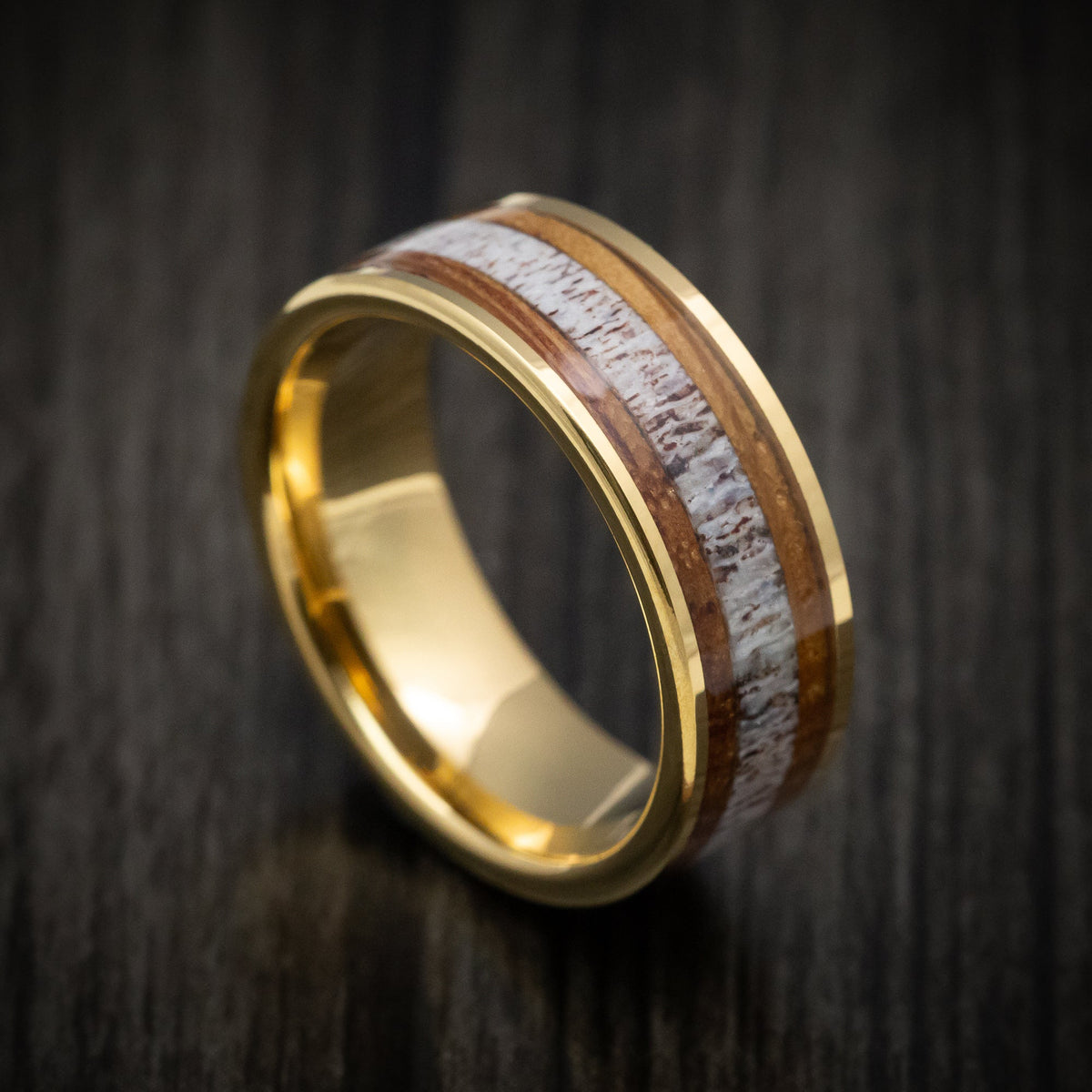 Stronghold XII - Golden Tungsten Men's Wedding Ring with Whiskey Barrel Wood and Antler Inlays - Nura Lab