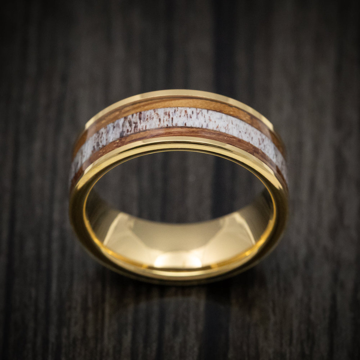Stronghold XII - Golden Tungsten Men's Wedding Ring with Whiskey Barrel Wood and Antler Inlays - view 2 - Nura Lab
