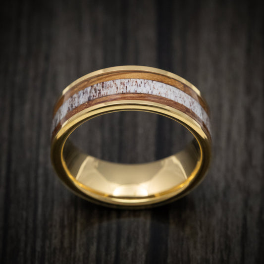 Stronghold XII - Golden Tungsten Men's Wedding Ring with Whiskey Barrel Wood and Antler Inlays - view 2 - Nura Lab
