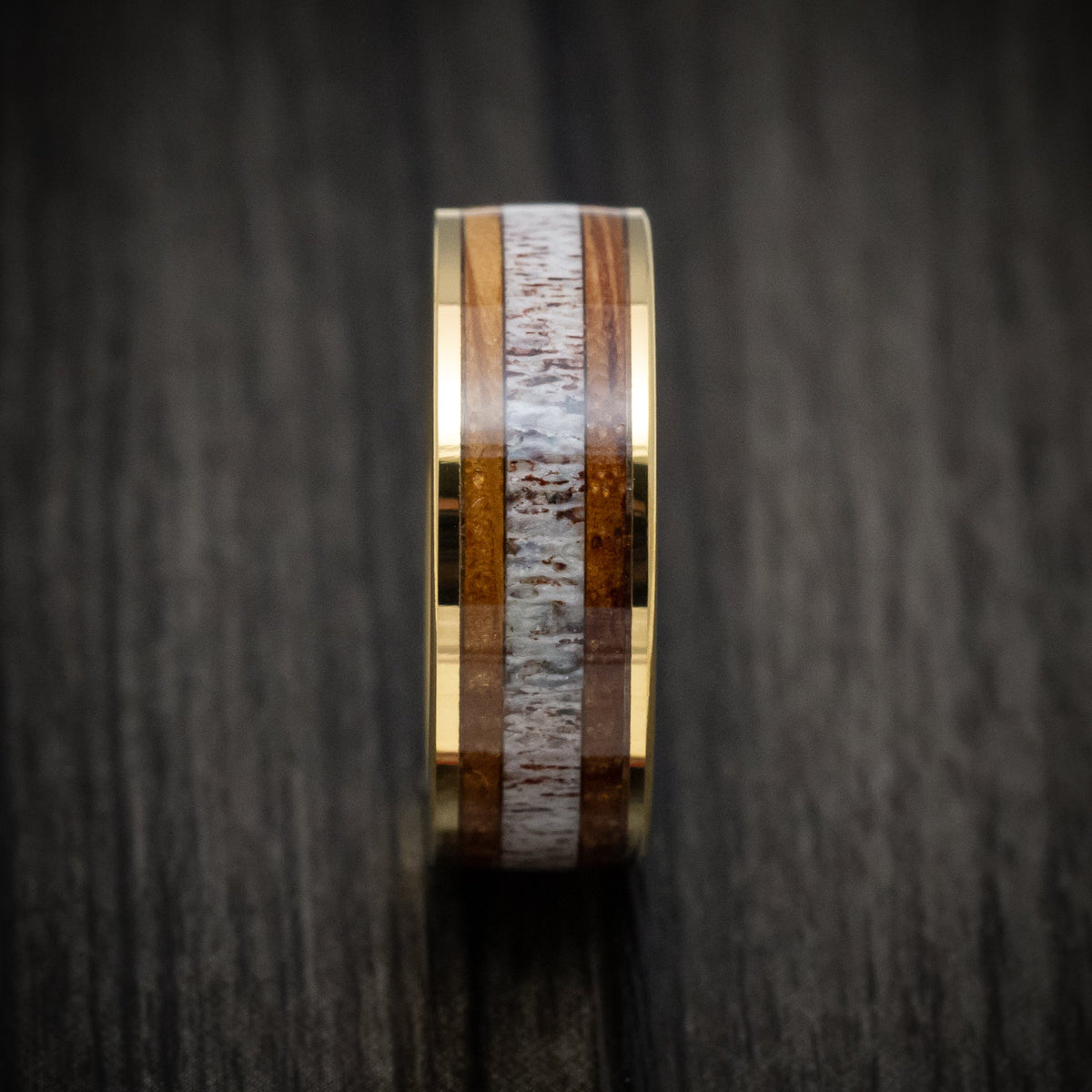 Stronghold XII - Golden Tungsten Men's Wedding Ring with Whiskey Barrel Wood and Antler Inlays - view 3 - Nura Lab