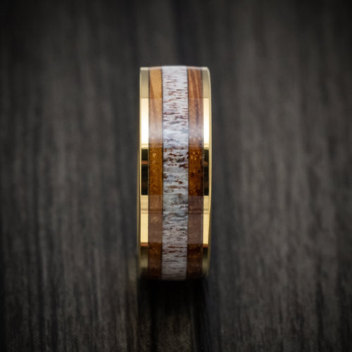 Stronghold XII - Golden Tungsten Men's Wedding Ring with Whiskey Barrel Wood and Antler Inlays - view 3 - Nura Lab