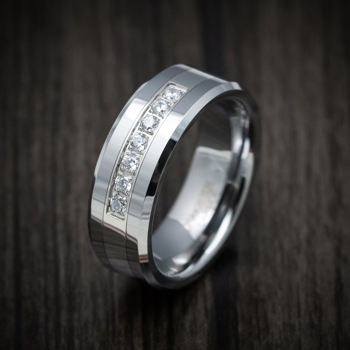 Southern Cross XV - Tungsten Men's Wedding Ring with Round White Stone Inlay - view 4 - Nura Lab