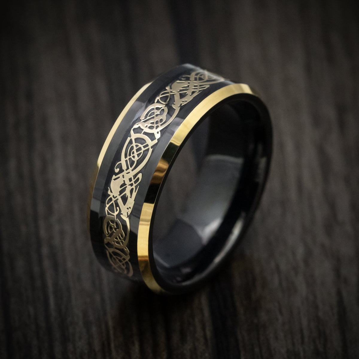 Northwind XV - Black Tungsten Men's Wedding Ring with Golden Dragon Inlay - view 4 - Nura Lab