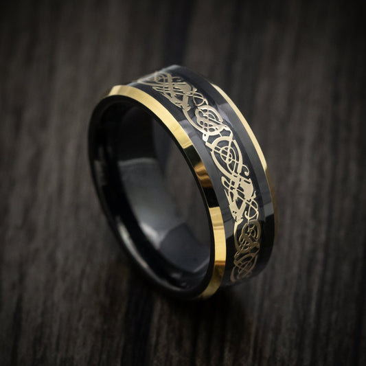 Northwind XV - Black Tungsten Men's Wedding Ring with Golden Dragon Inlay - Nura Lab