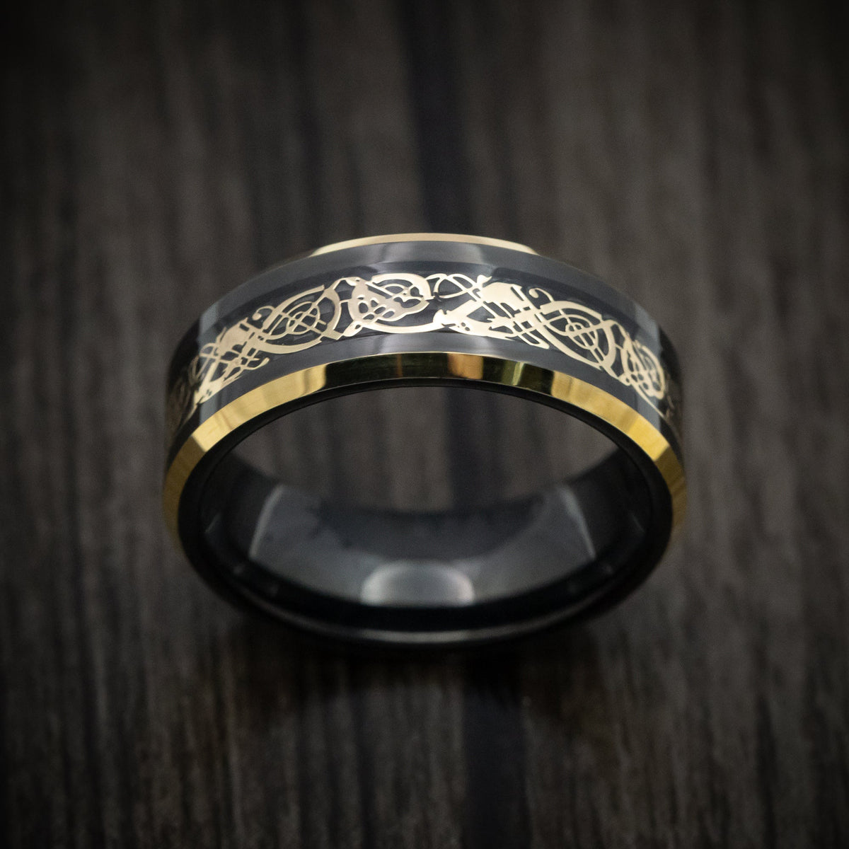Northwind XV - Black Tungsten Men's Wedding Ring with Golden Dragon Inlay - view 2 - Nura Lab