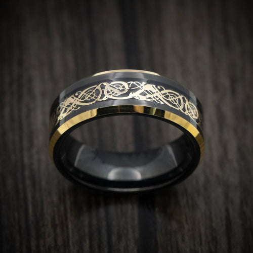 Northwind XV - Black Tungsten Men's Wedding Ring with Golden Dragon Inlay - view 2 - Nura Lab