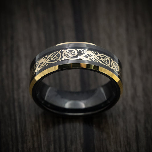 Northwind XV - Black Tungsten Men's Wedding Ring with Golden Dragon Inlay - view 2 - Nura Lab