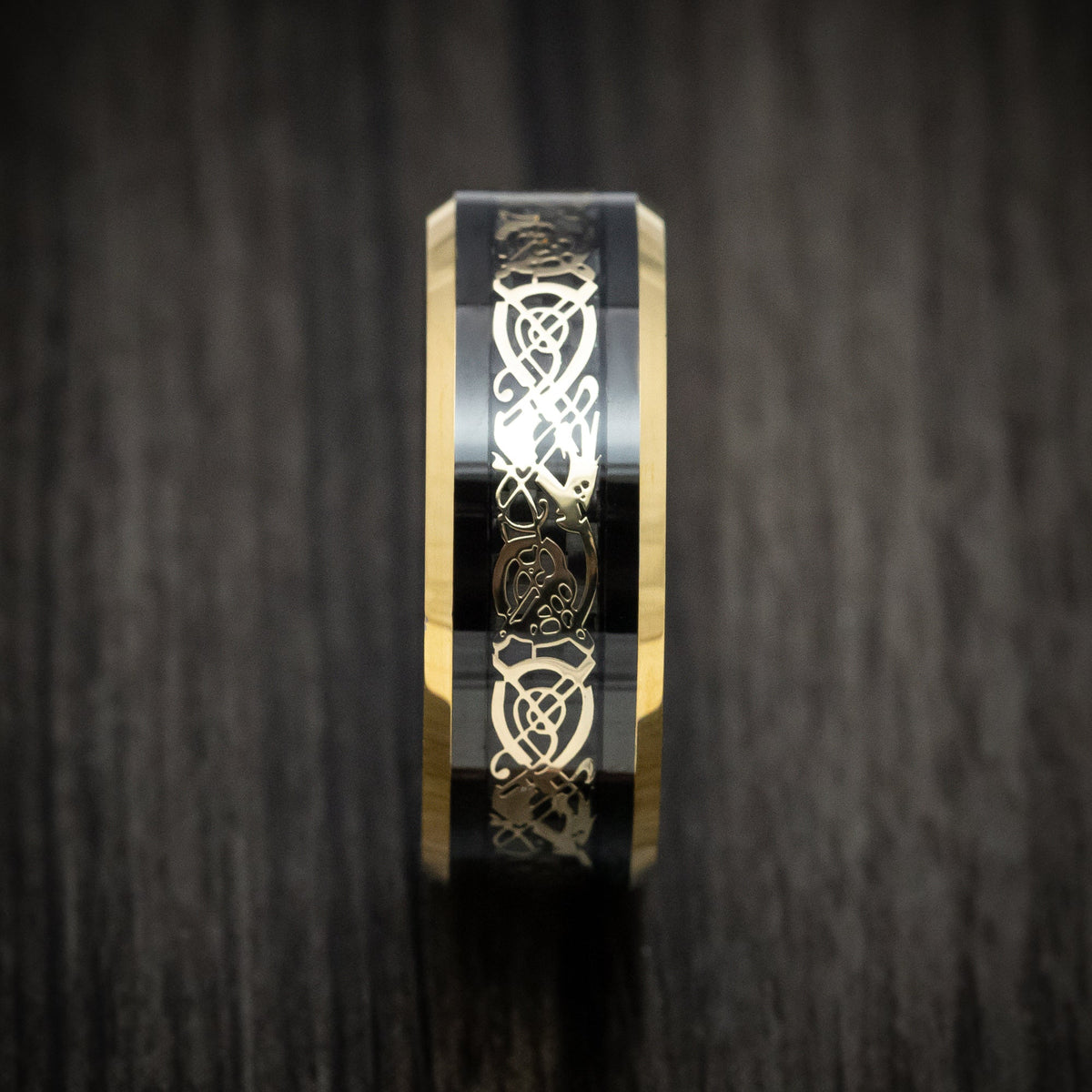 Northwind XV - Black Tungsten Men's Wedding Ring with Golden Dragon Inlay - view 3 - Nura Lab