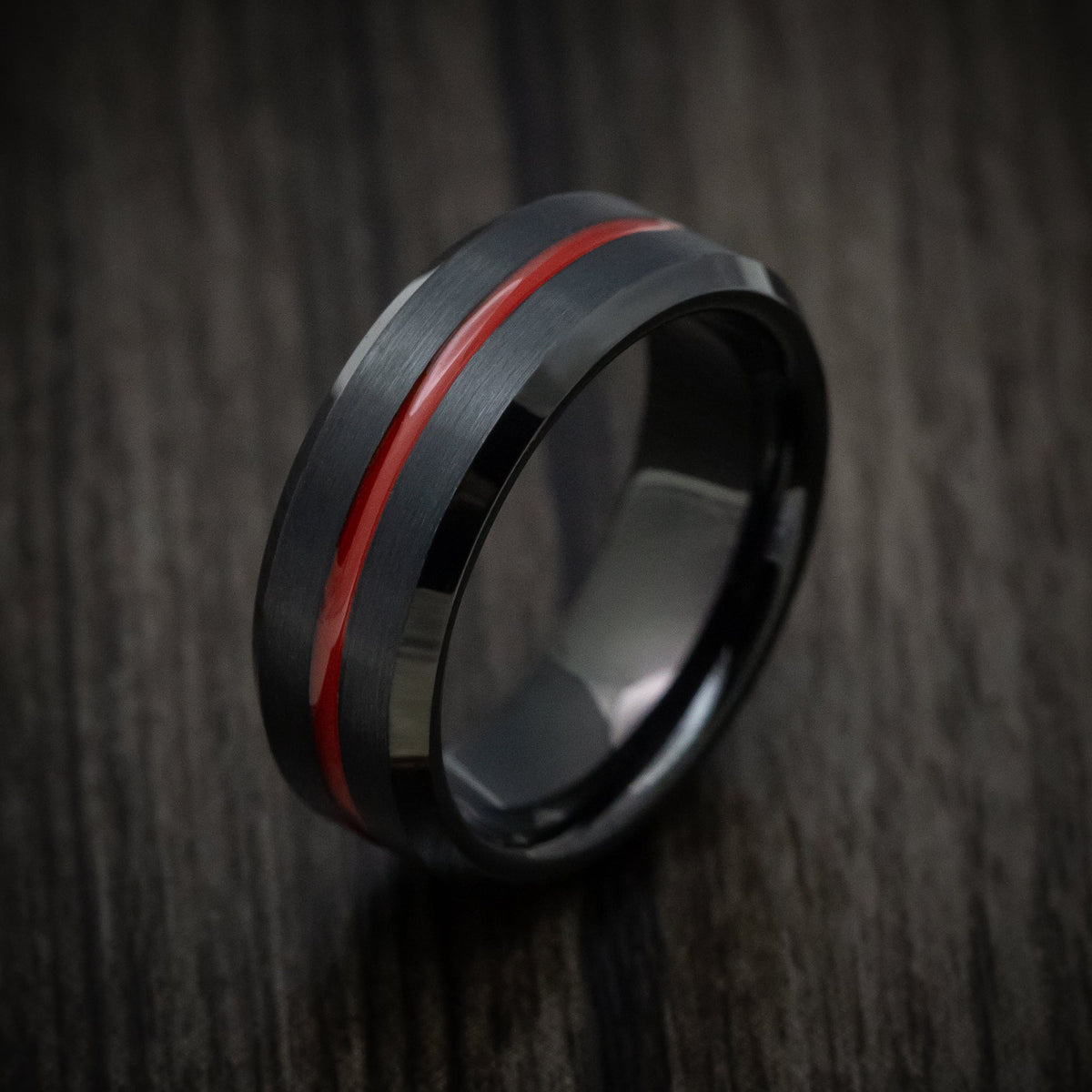 Captain XV - Black Tungsten Men's Wedding Ring with Red Line Inlay - view 4 - Nura Lab