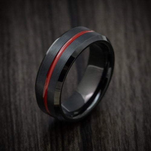 Captain XV - Black Tungsten Men's Wedding Ring with Red Line Inlay - view 4 - Nura Lab