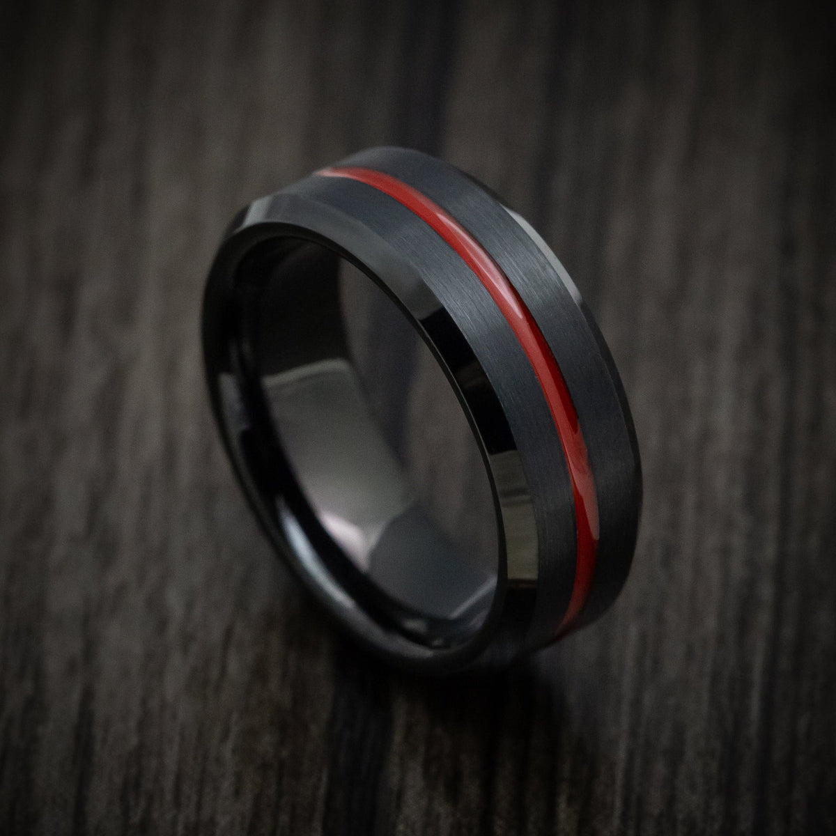 Captain XV - Black Tungsten Men's Wedding Ring with Red Line Inlay - Nura Lab