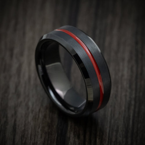 Captain XV - Black Tungsten Men's Wedding Ring with Red Line Inlay - Nura Lab