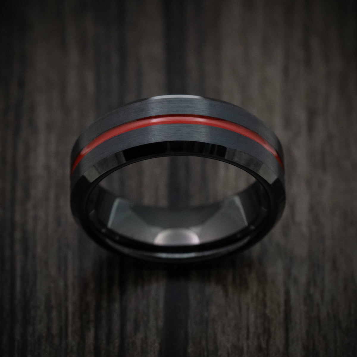 Captain XV - Black Tungsten Men's Wedding Ring with Red Line Inlay - view 2 - Nura Lab