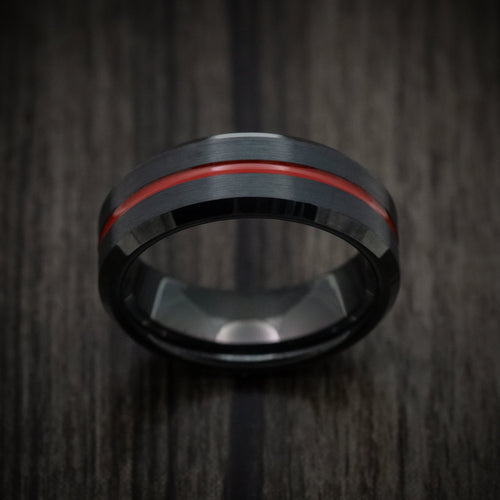 Captain XV - Black Tungsten Men's Wedding Ring with Red Line Inlay - view 2 - Nura Lab
