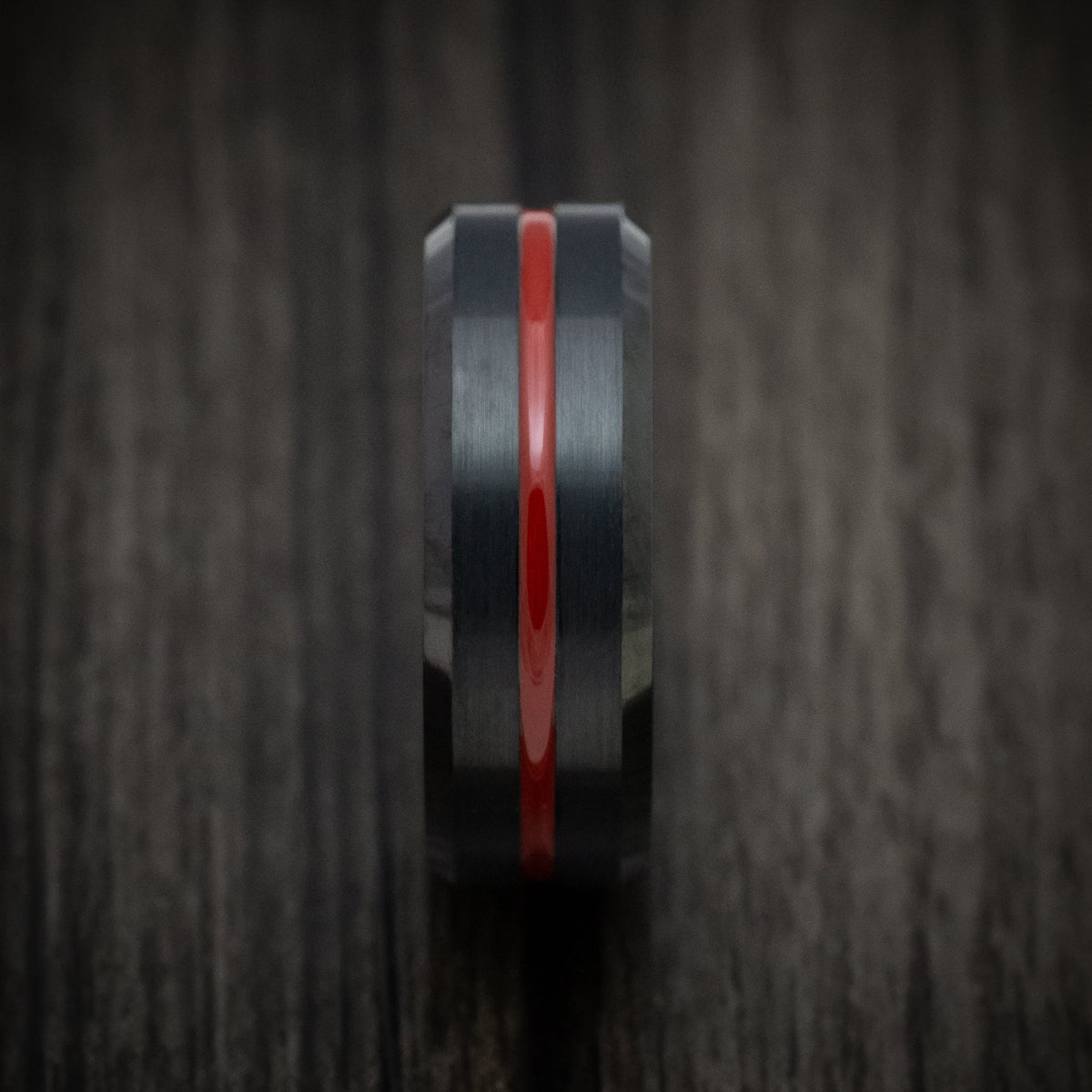 Captain XV - Black Tungsten Men's Wedding Ring with Red Line Inlay - view 3 - Nura Lab